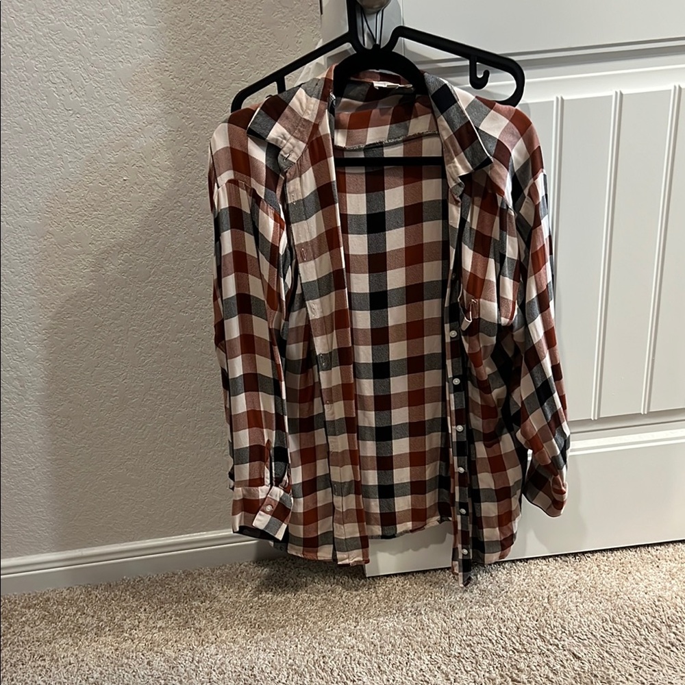 Plaid Button-Up Shirt in Red, Black, and White